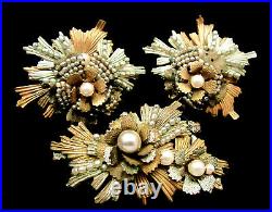 Rare Vintage Signed Miriam Haskell Gold/Silvertone Pearl Brooch & Earring Set 11
