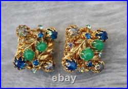 Rare Vintage Vendome Green Bead Multi-color Gold Tone Earrings