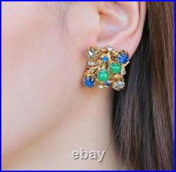 Rare Vintage Vendome Green Bead Multi-color Gold Tone Earrings