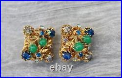 Rare Vintage Vendome Green Bead Multi-color Gold Tone Earrings