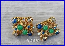 Rare Vintage Vendome Green Bead Multi-color Gold Tone Earrings