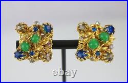 Rare Vintage Vendome Green Bead Multi-color Gold Tone Earrings