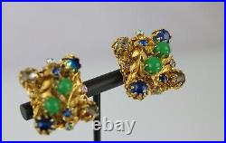 Rare Vintage Vendome Green Bead Multi-color Gold Tone Earrings