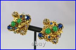 Rare Vintage Vendome Green Bead Multi-color Gold Tone Earrings