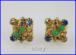 Rare Vintage Vendome Green Bead Multi-color Gold Tone Earrings