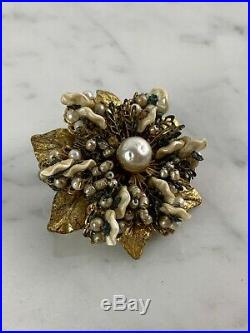 Rare Vtg Early Miriam Haskell Faux Pearl Gold Necklace Brooch Bracelet Signed