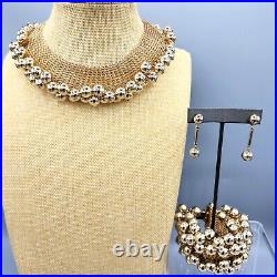 Rare bergère Parure Gold Plated Ball Bead Mesh Necklace Bracelet Earrings