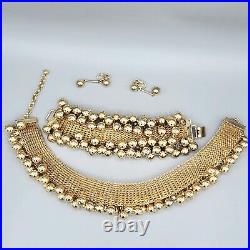 Rare bergère Parure Gold Plated Ball Bead Mesh Necklace Bracelet Earrings