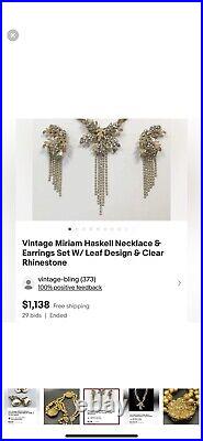 Rare vintage Miriam Haskell rhinestone pearl gold necklace matching bracelet set