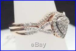 Real 10k Rose Gold Tear Drop Pear Shape Geniune Diamonds Bridal Set Wedding Ring