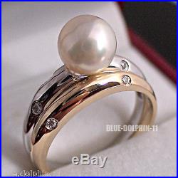 Real Genuine Diamonds Pearl 9ct Yellow White Gold Engagement Wedding 2 Rings Set