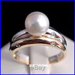 Real Genuine Diamonds Pearl 9ct Yellow White Gold Engagement Wedding 2 Rings Set