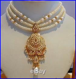 Real pearls pearl studded necklace set 22ct 22k yellow gold Bollywood style ind