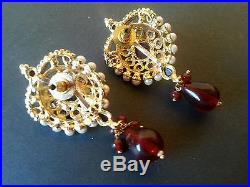 Red Carnelian, Pearls Crystals Gold Toned Necklace and Earrings Set NWOT