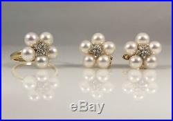 Regal Genuine Akoya Pearl & Diamond Solid 14kt Gold Earring and Ring Set, New