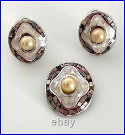 Regal Mosaic Mother of Pearl Set with Rare 7mm Golden South Sea Cultured Pearls