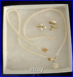 Retro Pearl 3 Pc 14k Solid Gold Screw Cluster Earrings & Pearl Necklace Set