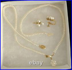 Retro Pearl 3 Pc 14k Solid Gold Screw Cluster Earrings & Pearl Necklace Set