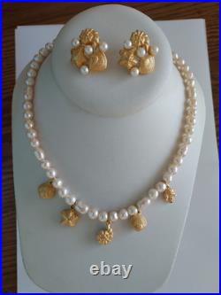 Richelieu Signed Seashell Set Vintage Gold Pearl Necklace Earrings Shell Charms Richelieu Signed Seashell Set Vintage Gold Pearl Necklace Earrings Shell Charms