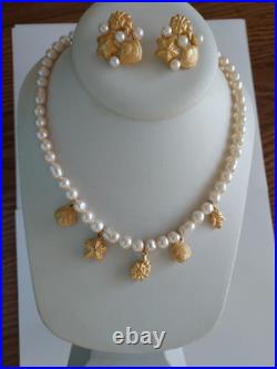 Richelieu Signed Seashell Set Vintage Gold Pearl Necklace Earrings Shell Charms Richelieu Signed Seashell Set Vintage Gold Pearl Necklace Earrings Shell Charms