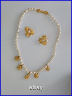 Richelieu Signed Seashell Set Vintage Gold Pearl Necklace Earrings Shell Charms Richelieu Signed Seashell Set Vintage Gold Pearl Necklace Earrings Shell Charms