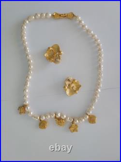 Richelieu Signed Seashell Set Vintage Gold Pearl Necklace Earrings Shell Charms Richelieu Signed Seashell Set Vintage Gold Pearl Necklace Earrings Shell Charms