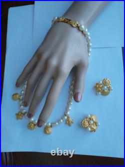 Richelieu Signed Seashell Set Vintage Gold Pearl Necklace Earrings Shell Charms Richelieu Signed Seashell Set Vintage Gold Pearl Necklace Earrings Shell Charms