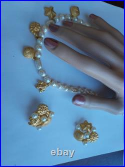 Richelieu Signed Seashell Set Vintage Gold Pearl Necklace Earrings Shell Charms Richelieu Signed Seashell Set Vintage Gold Pearl Necklace Earrings Shell Charms