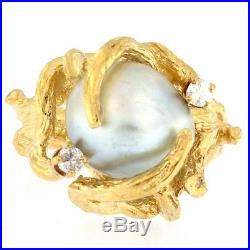 Ring with Pearl & Branch-Style Setting with. 1CTW of Diamonds 14kt Yellow Gold