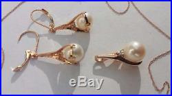 Rose Gold Pearl Diamond Set Earrings & Pendant 10m 18 Chain 14k