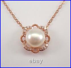 Rose Gold Pearl and Diamond Halo Pendant, 16 inch Choker Chain, Dainty Gemstone