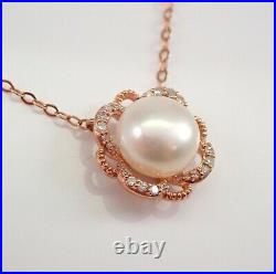 Rose Gold Pearl and Diamond Halo Pendant, 16 inch Choker Chain, Dainty Gemstone