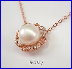 Rose Gold Pearl and Diamond Halo Pendant, 16 inch Choker Chain, Dainty Gemstone