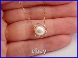 Rose Gold Pearl and Diamond Halo Pendant, 16 inch Choker Chain, Dainty Gemstone