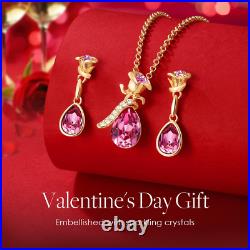 Rose Gold Plated Pink Crystal Rose Flower Necklace and Drop Earrings Jewelry Set