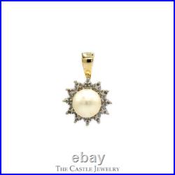 Round White Pearl Pendant with Illusion Set Diamond Halo in 10k Yellow Gold
