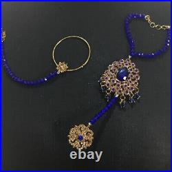 Royal Blue Pakistani Gold bridal jewellery set Indian Dulhan Wedding Mala Jhumar