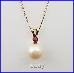 Ruby & Cultured Pearl Set, 14k Solid Yellow Gold 15 Inch Beautiful Necklace