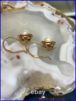 Russian Vintage Rose Gold Pearl Set Ring Earring 583 14 K Soviet Union Jewelry
