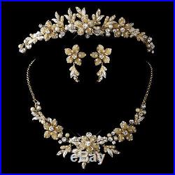 SALE! Pearl Wedding Bridal Necklace & Tiara Set, Floral Design, Silver or Gold