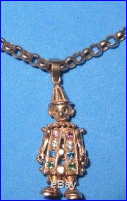 SECONDHAND 9ct GOLD MULTI GEM SET ARTICULATED CLOWN PENDANT & 9CT GOLD CHAIN