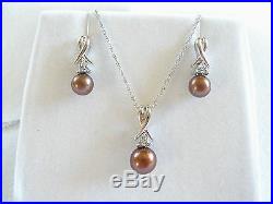 SET- 6 mm Brown Pearl Solitaire & Diamond 10k White Gold Necklace & Earrings