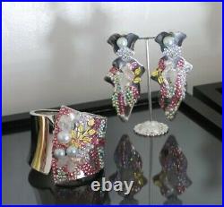 SET Bangle and Earrings Pearls Rhinestones Pink Quartz, Designer Pieces