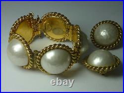 SET Edouard Rambaud Paris Bracelet Clip On Gold Tone Swirl Faux Pearl Earrings