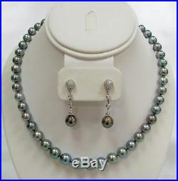 SOUTH SEA CULTURED 9mm BLACK PEARL NECKLACE & 18K GOLD DIAMOND 10mm EARRING SET