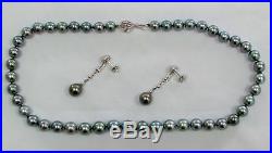 SOUTH SEA CULTURED 9mm BLACK PEARL NECKLACE & 18K GOLD DIAMOND 10mm EARRING SET