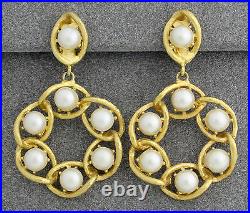 ST. JOHN Earrings Statement Clip Gold Pearl Couture Dangle Signed Vintage