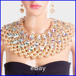 STATEMENT COUTURE Gold Pearl Crystal Shoulder Bib Necklace Set By Rocks Boutique