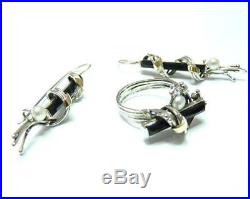 STERLING SILVER 925 SET WITH GOLD 9Ct, ONYX & WHITE PEARLS