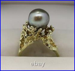 STUNNING 14K Yellow Gold Fancy Black Baroque Pearl in Coral Setting Ring Sz 6.5